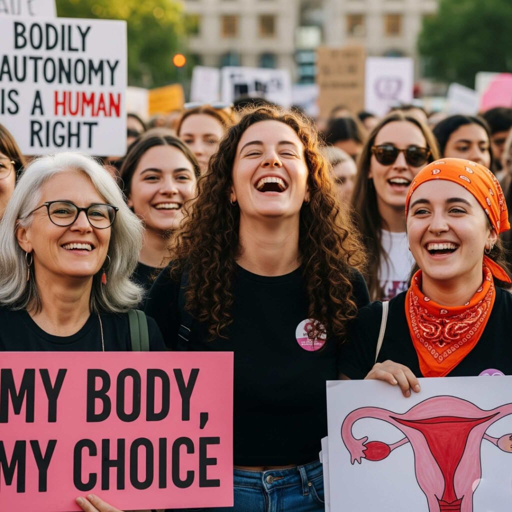 A diverse group of women are smiling at a rally, holding signs about bodily autonomy.
