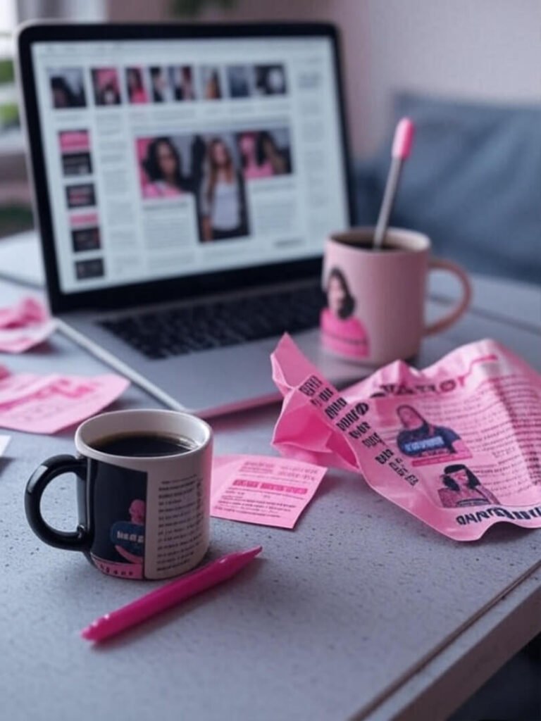 Messy desk with laptop, coffee mug, rally flyer, pen cap in plant, gray-pink tones.