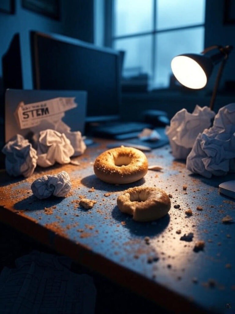Cluttered desk with half-eaten bagel, blueprints, laptop, Women in STEM sticker.