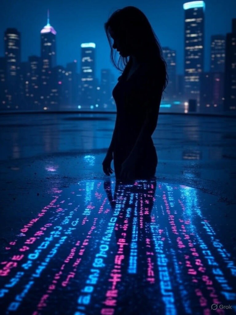 A woman's silhouette reflects digital code in a neon-lit cityscape puddle.