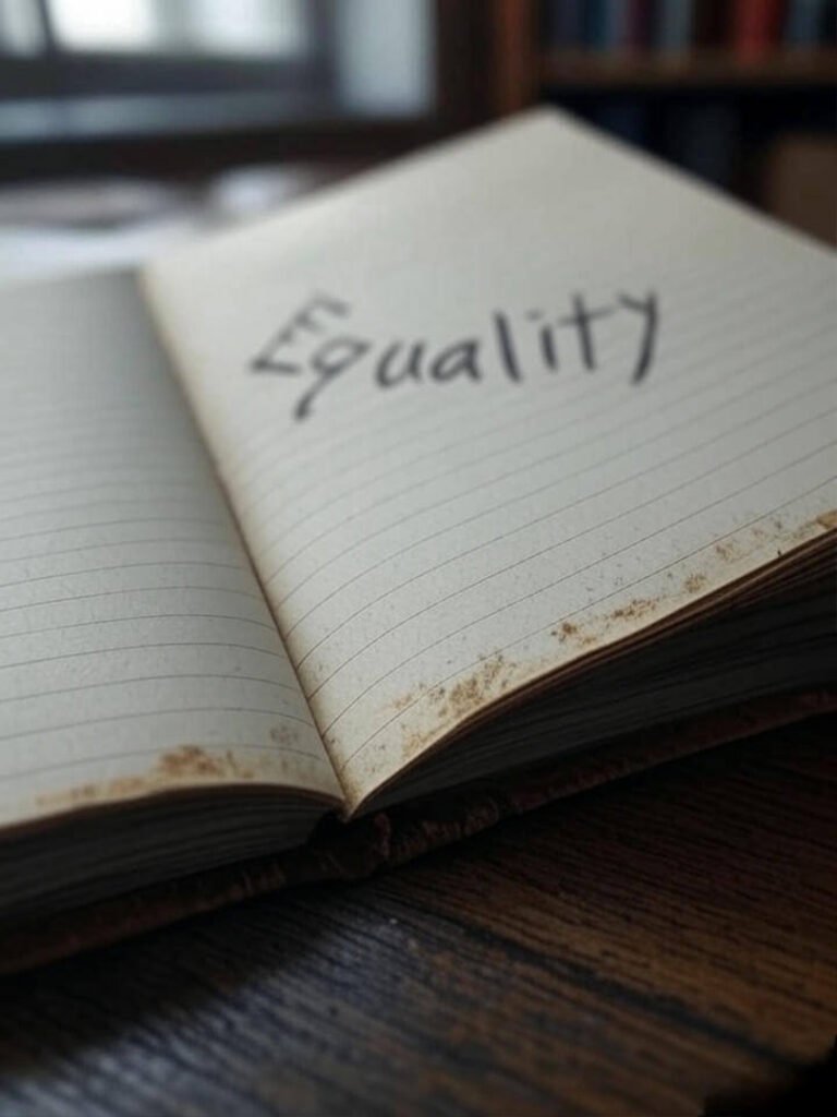 Worn notebook with smudged "Equality" scribble, slightly out of focus.