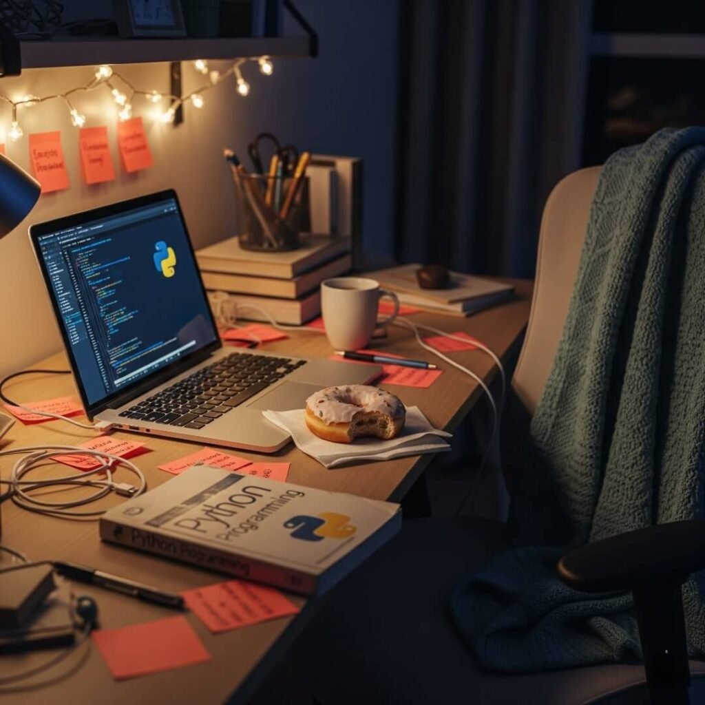 A cluttered desk at night with a laptop, books, and fairy lights.