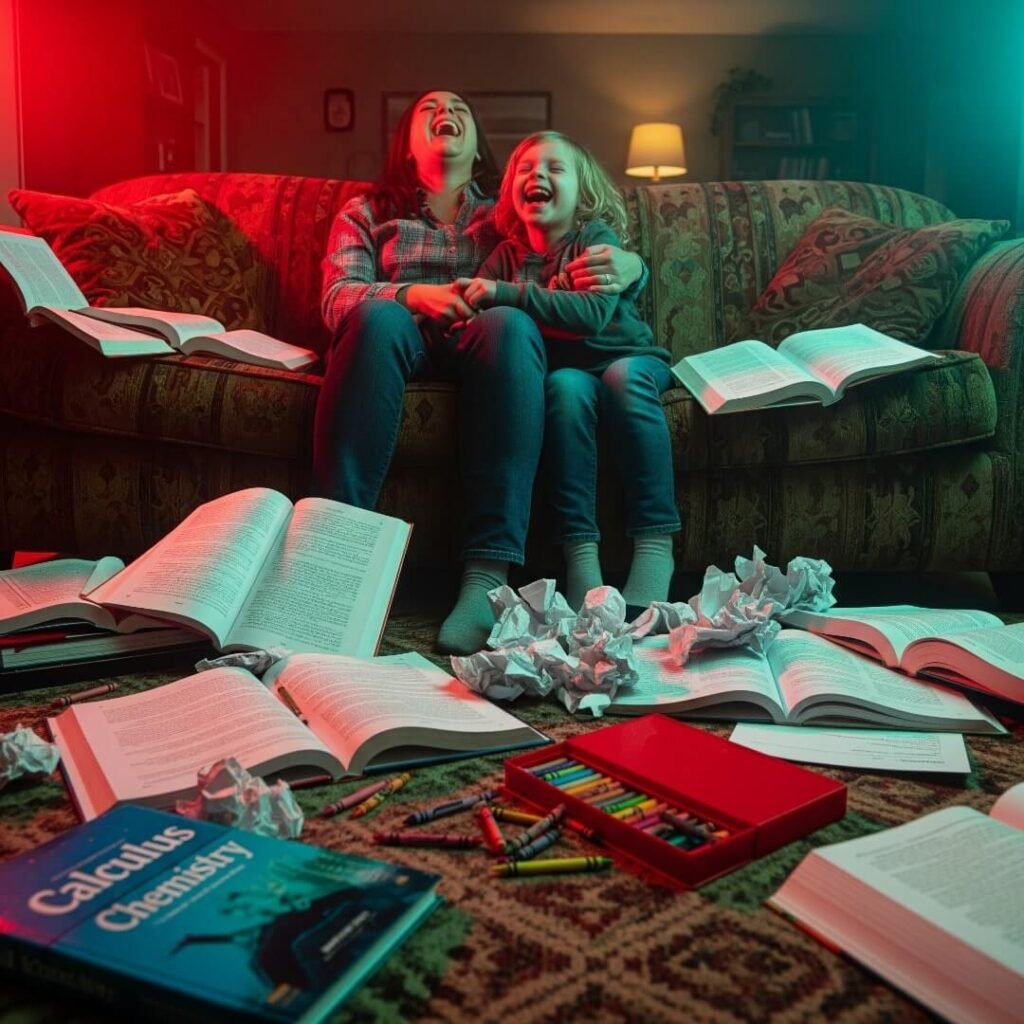 A low-angle, photorealistic image of a parent and child laughing on a couch.