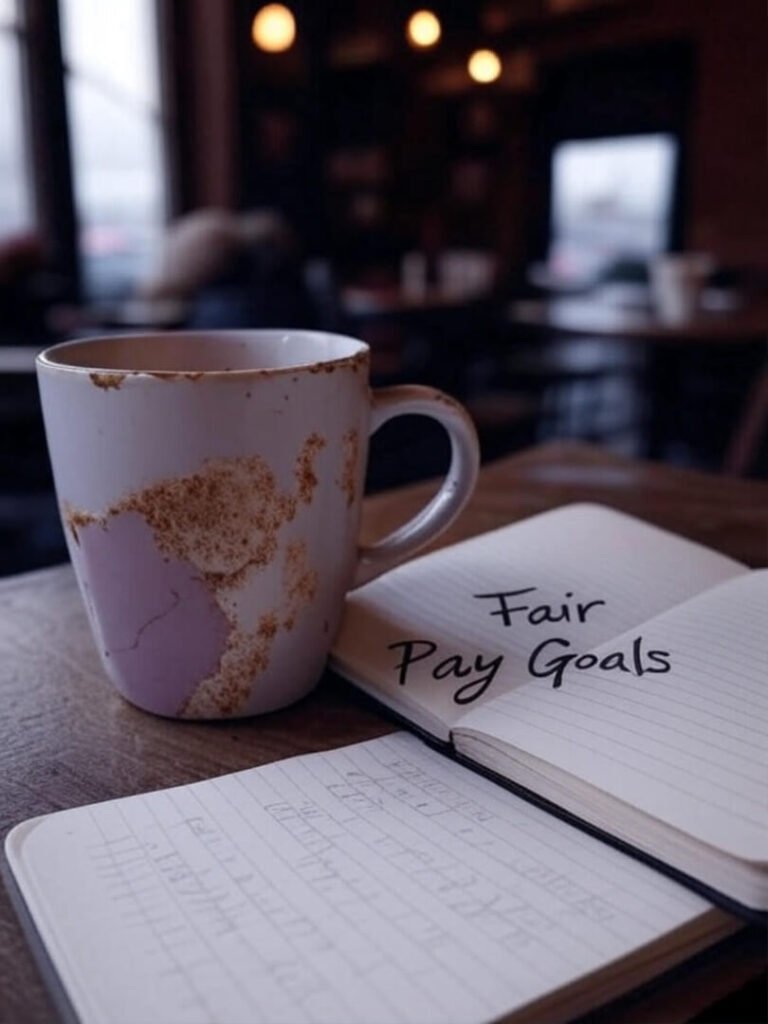 Chipped mug and notebook with “Fair Pay Goals” in cozy, bittersweet café setting.