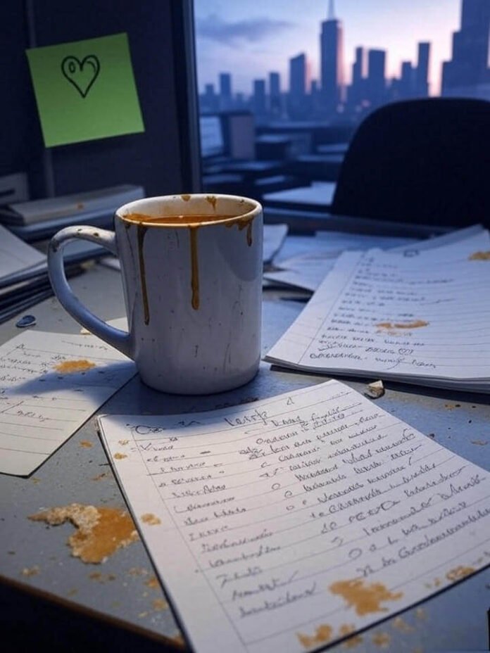 Blurry desk with chipped coffee mug, messy to-do list, smudged window, green sticky note heart.