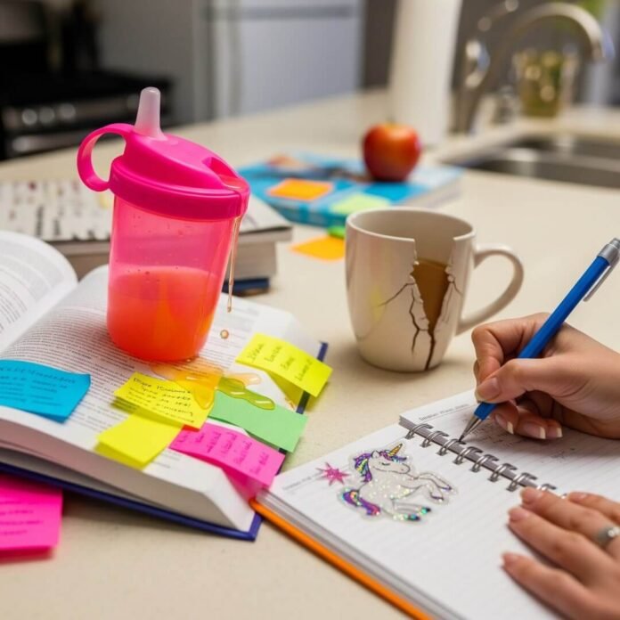 A slightly blurry, high-resolution shot of a cluttered kitchen counter.