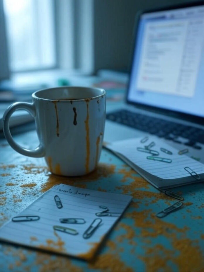 Blurry desk with chipped mug leaking on crumpled to-do list, chaotic laptop, bent paperclips, teal-orange-yellow tones. Blurry desk with chipped mug leaking on crumpled to-do list, chaotic laptop, bent paperclips, teal-orange-yellow tones.