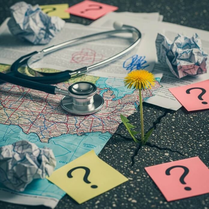 A crumpled map with a stethoscope, legal papers, and a dandelion.