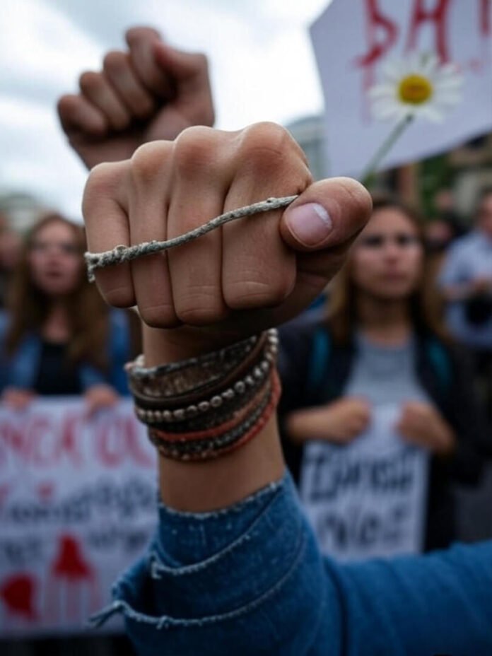 Gritty protest scene, woman's fist with worn bracelet, dripping sign, daisy in megaphone.
