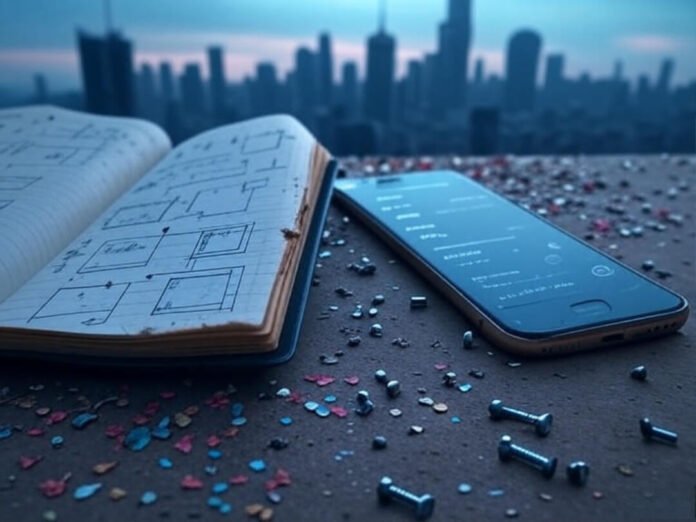 Scratched notebook with circuit diagrams, cracked phone, bolts, city skyline.