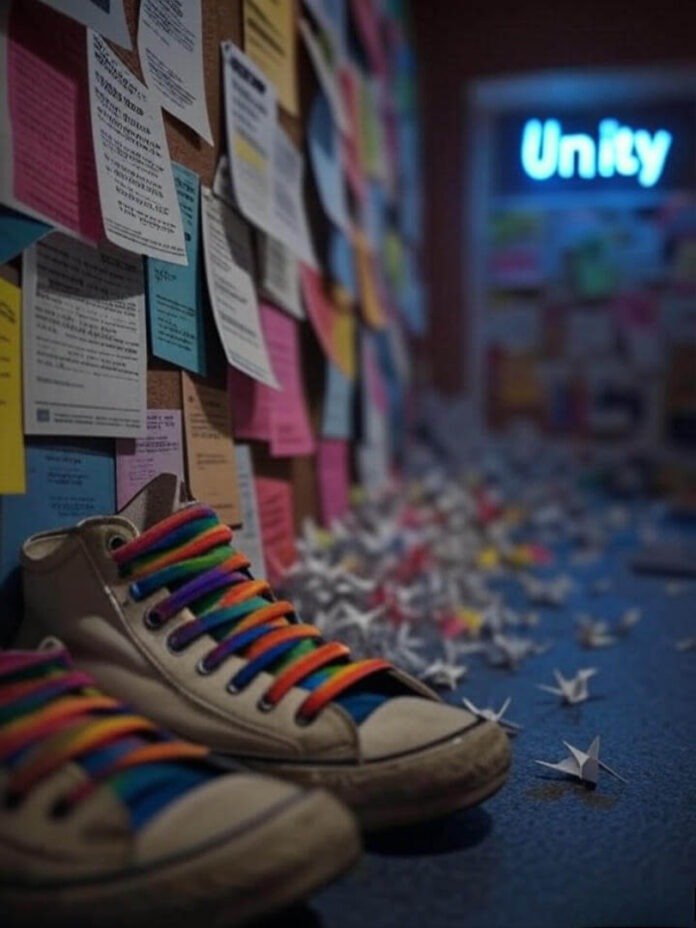 Blurred bulletin board with equality flyers, rainbow-laced sneakers, neon "Unity" sign, paper cranes. Blurred bulletin board with equality flyers, rainbow-laced sneakers, neon "Unity" sign, paper cranes.
