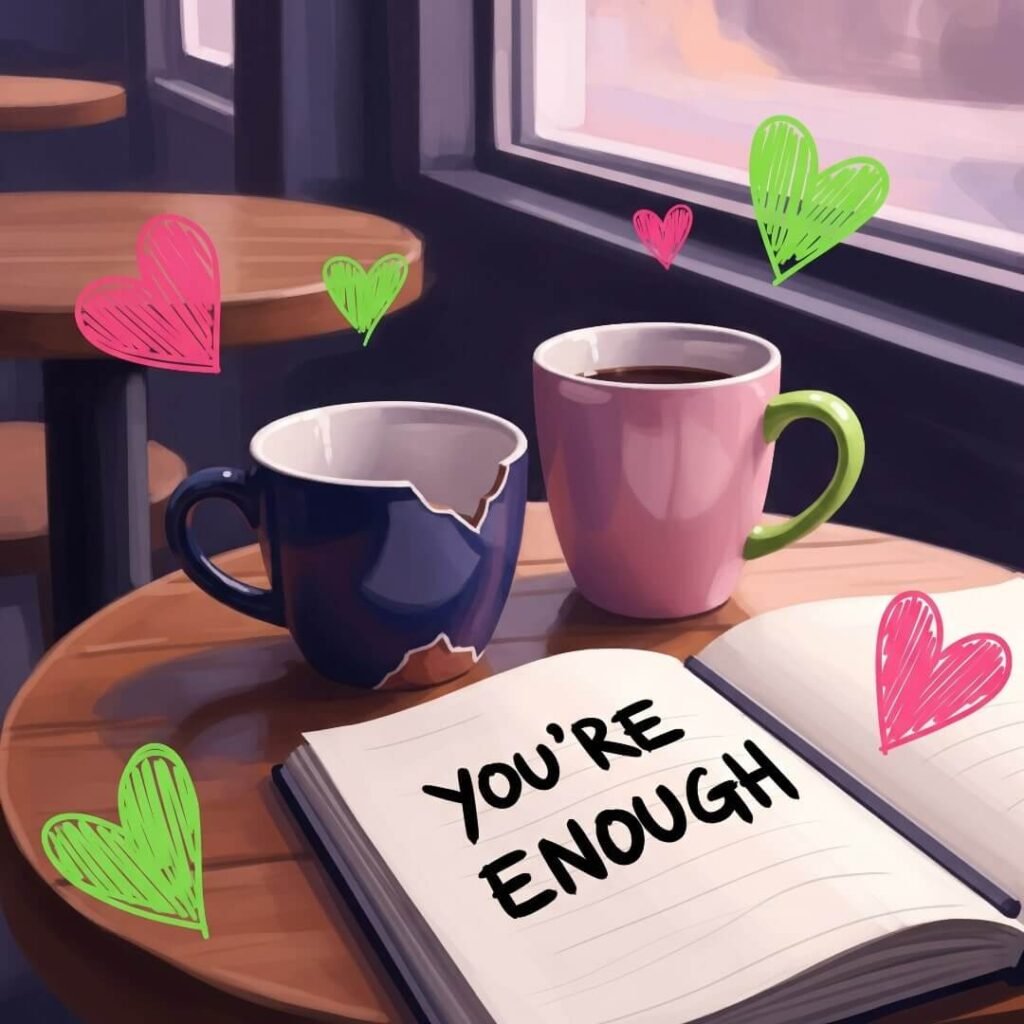 A digitally painted coffee shop scene with a chipped mug, a notebook, and floating hearts.