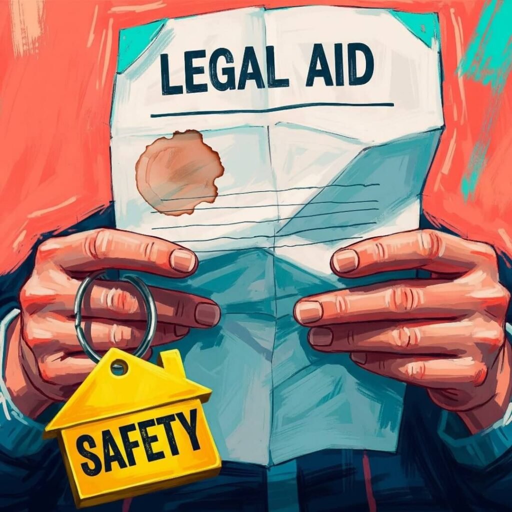 Shaky hands hold a coffee-stained legal aid pamphlet and a "safety" keychain.