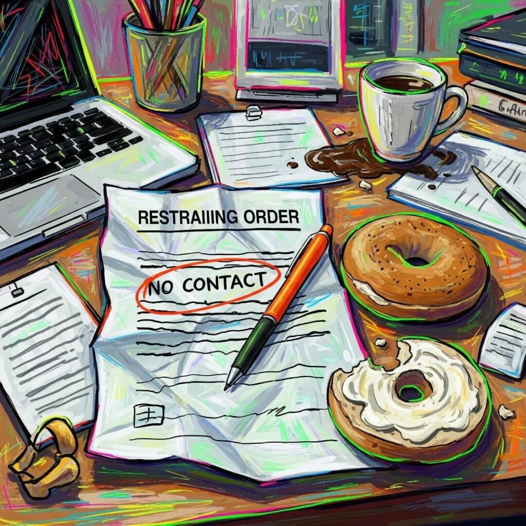An impressionistic digital painting of a crumpled restraining order on a desk with a half-eaten bagel.