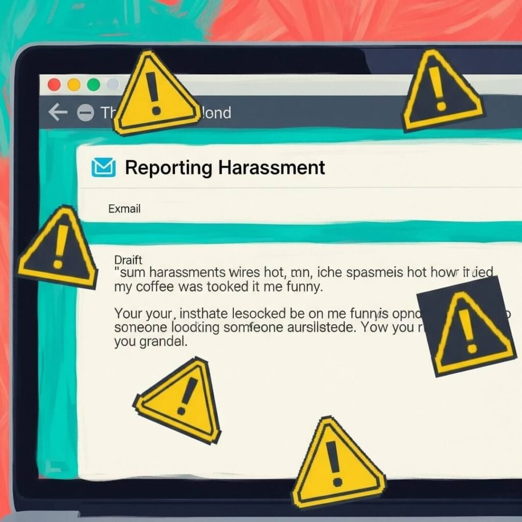 An impressionistic digital painting of a laptop screen with a title "Reporting Harassment," with pixelated neon-yellow warning signs.