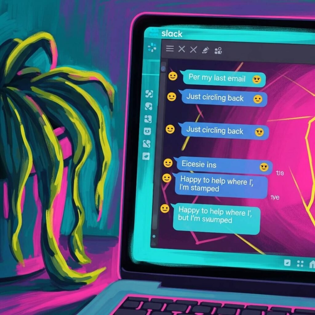 Laptop screen showing passive-aggressive Slack messages in a pink and teal digital painting.