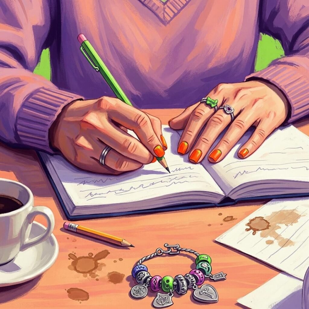 An impressionistic digital painting of hands writing in a notebook, with chipped nail polish.