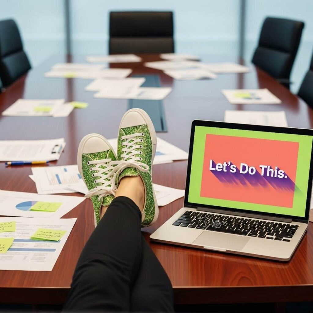 A low-angle shot of a woman's feet in glittery lime-green sneakers on a conference table with a laptop open.