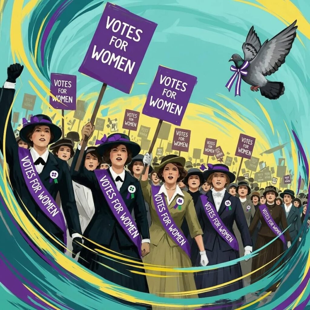 A painting of a suffragette rally with women and a pigeon.