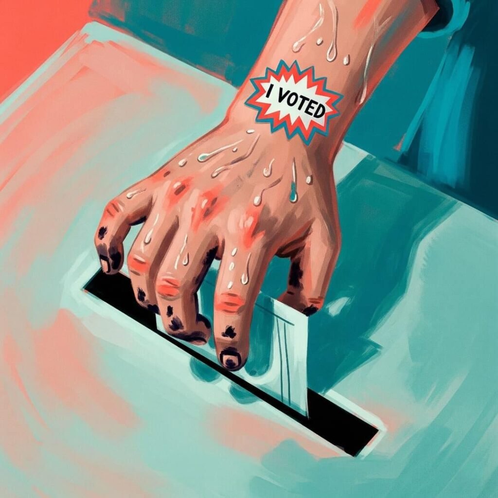 An illustrated, shaky, sweaty hand putting a ballot into a ballot box.