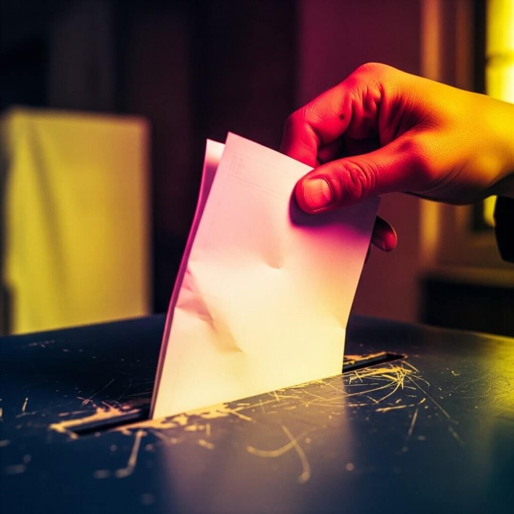 A close-up, low-angle shot of a hand dropping a ballot into a ballot box.