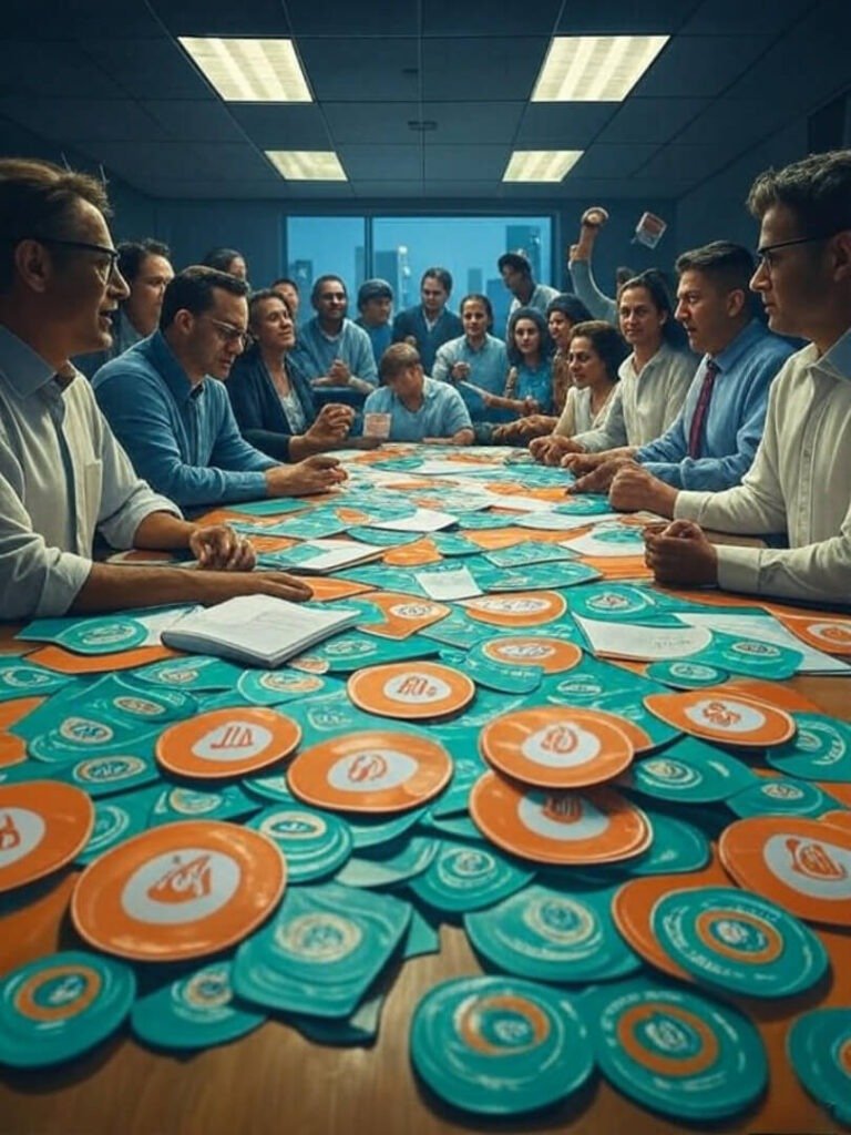 Chaotic city council meeting with papers, stickers, vibrant teals, and oranges.