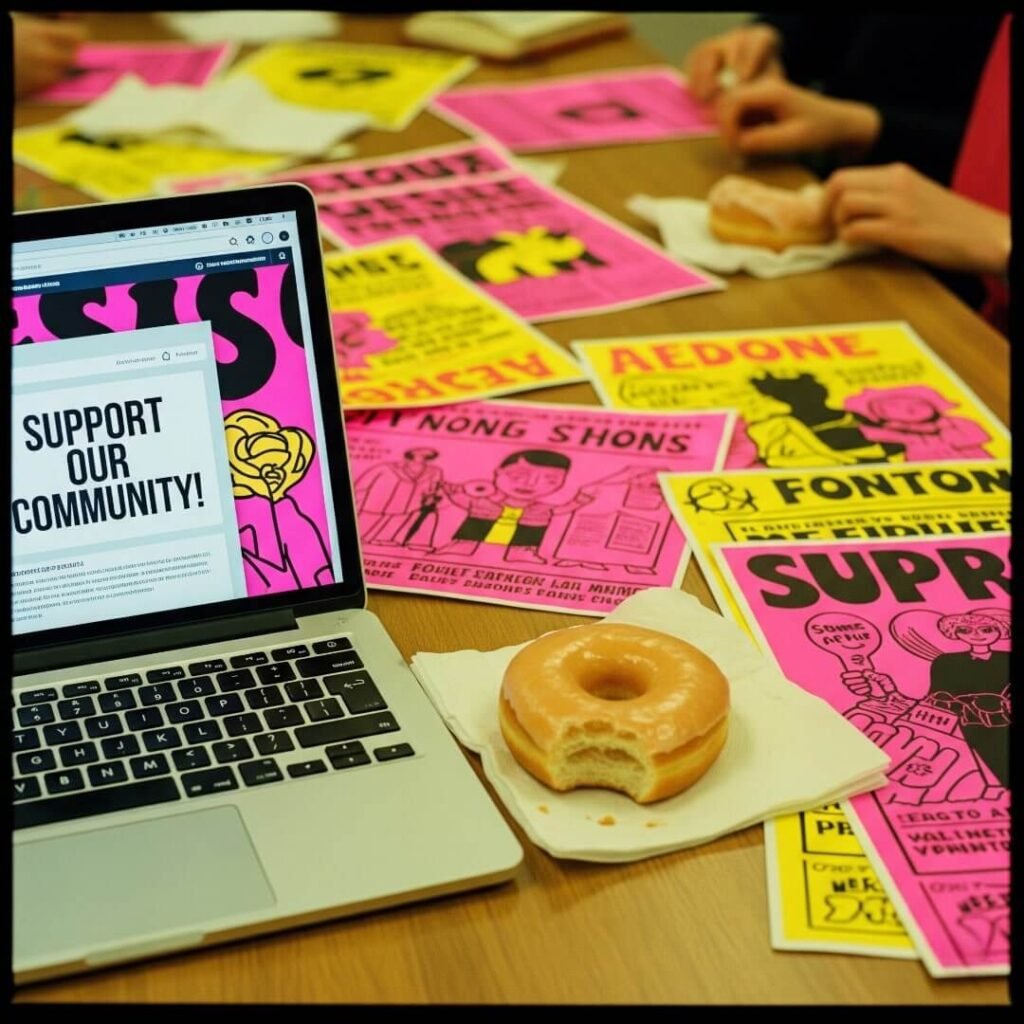 A table with flyers, a laptop displaying a petition, and a half-eaten donut.