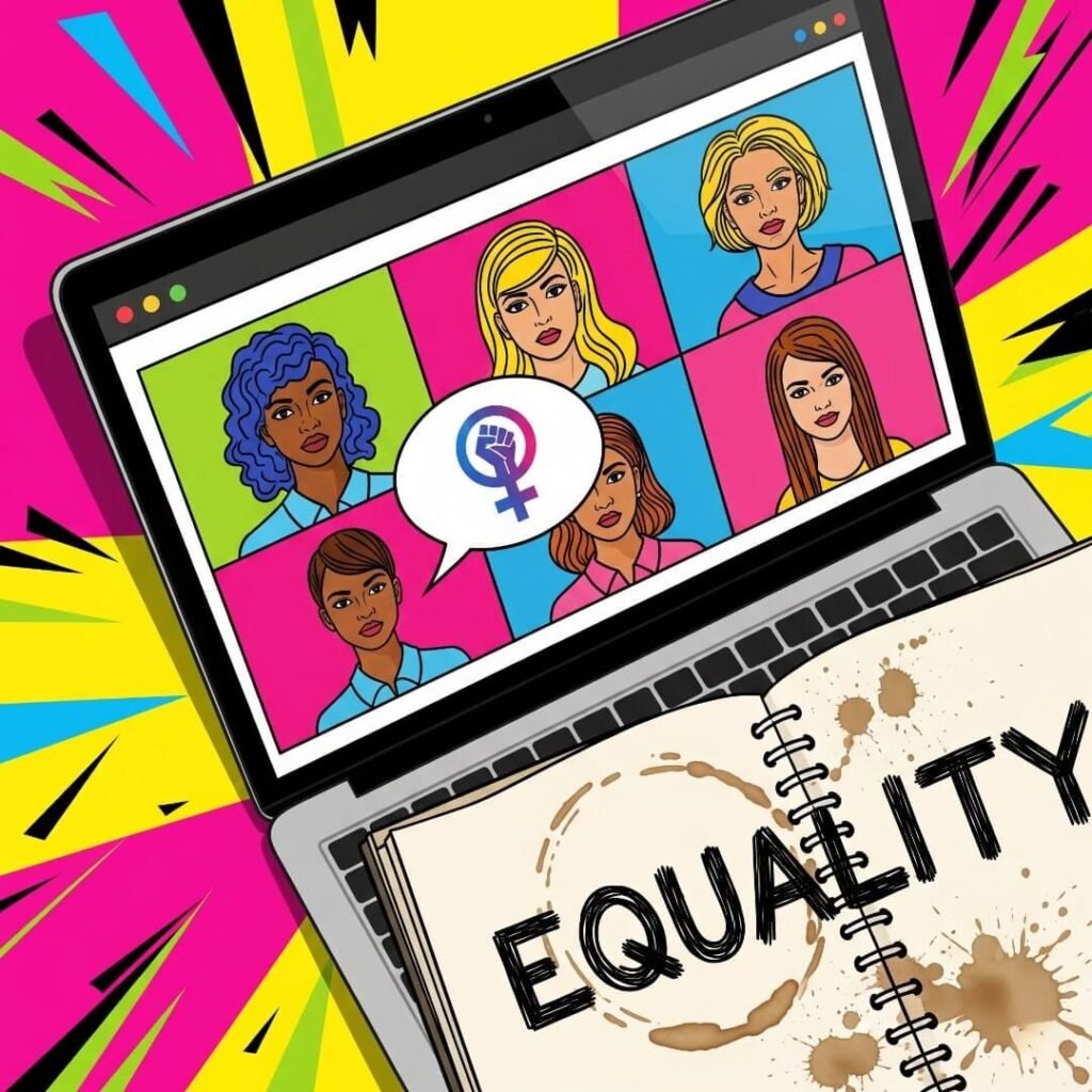 Pop-art style virtual women's rights meetup on laptop with coffee-stained notebook.