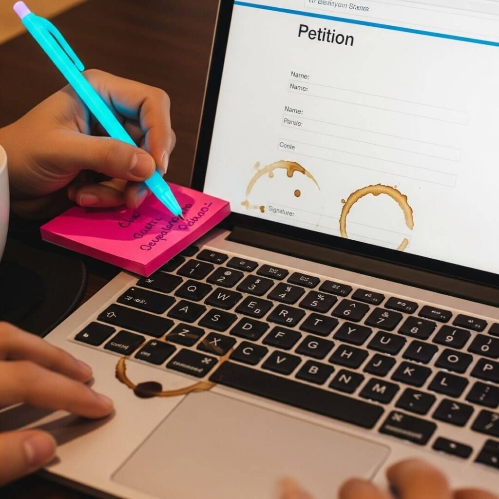 A close-up of a laptop screen with a petition, coffee stains, and a neon pen.