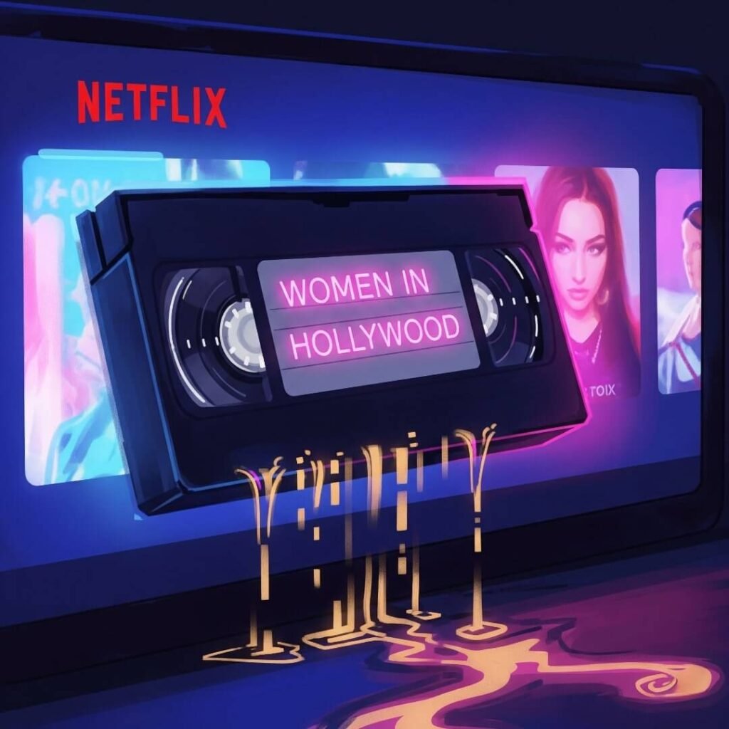 A VHS tape with a "Women in Hollywood" label melting into a streaming screen.