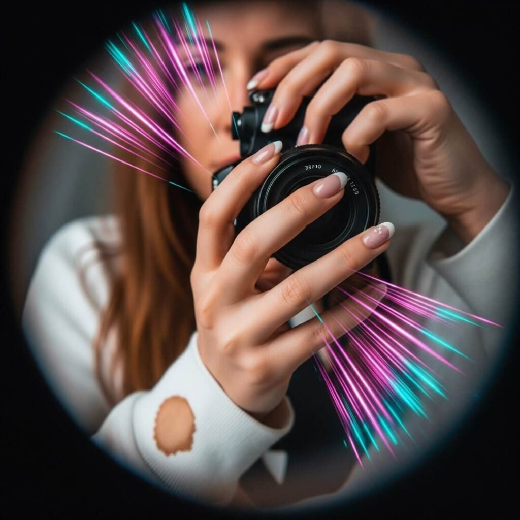 A close-up of a woman's hands adjusting a camera lens with pink and teal flares.