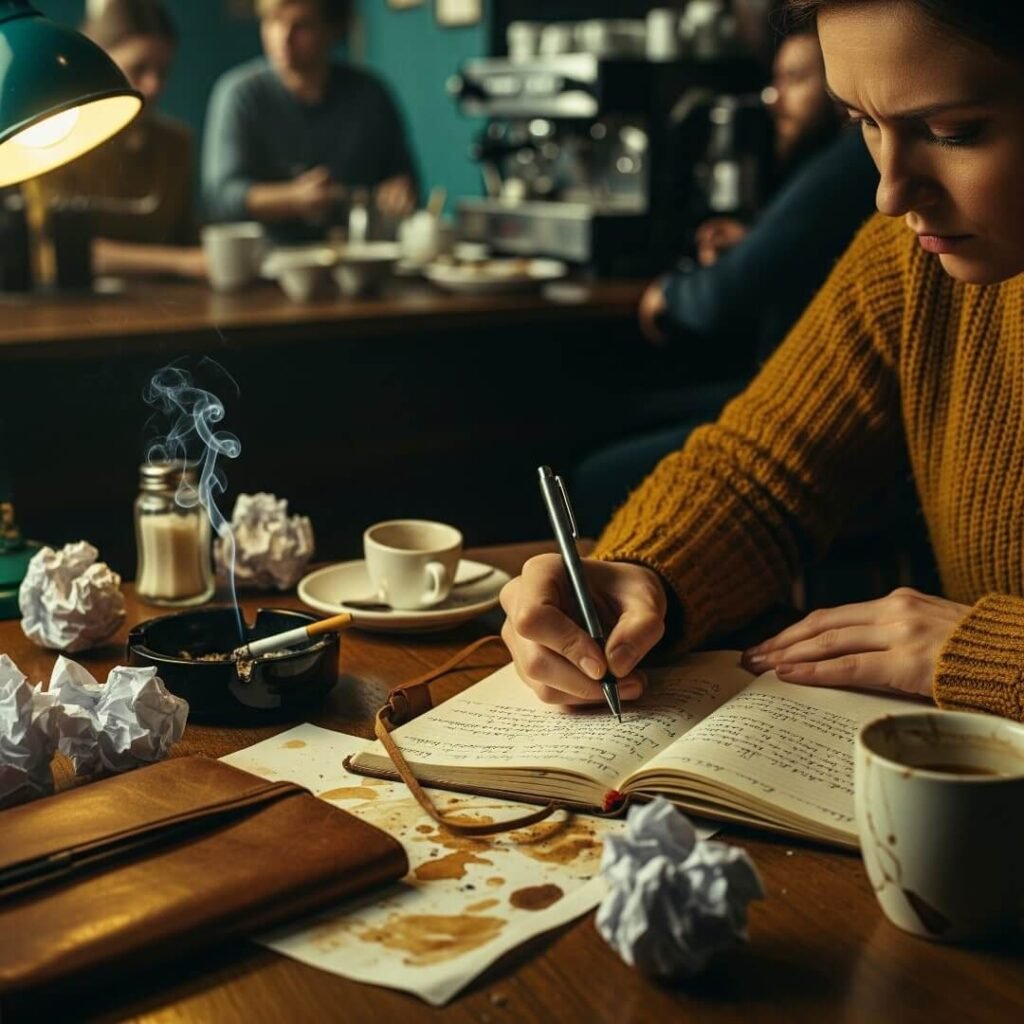 A messy, crooked photo of a woman writing in a notebook at a coffee shop.
