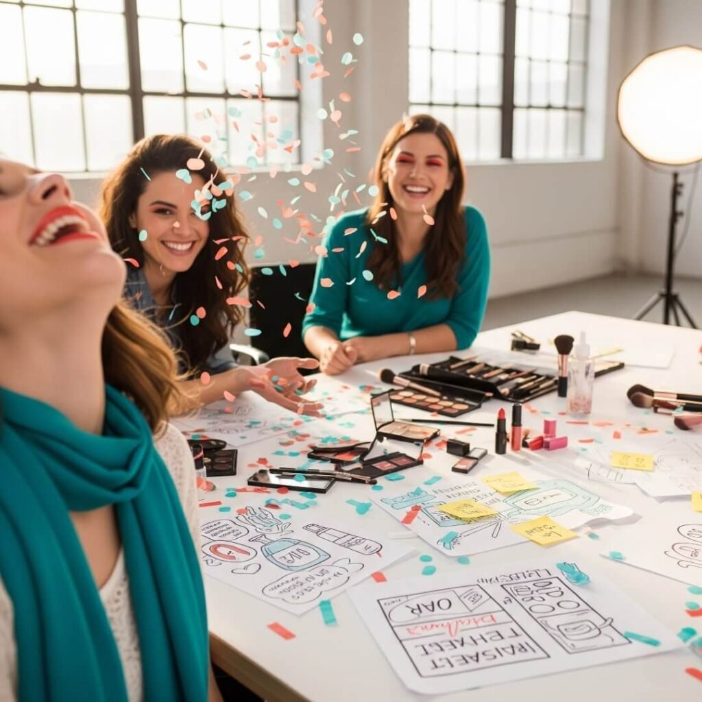 A photo of three women laughing, with confetti and makeup sketches on a table.