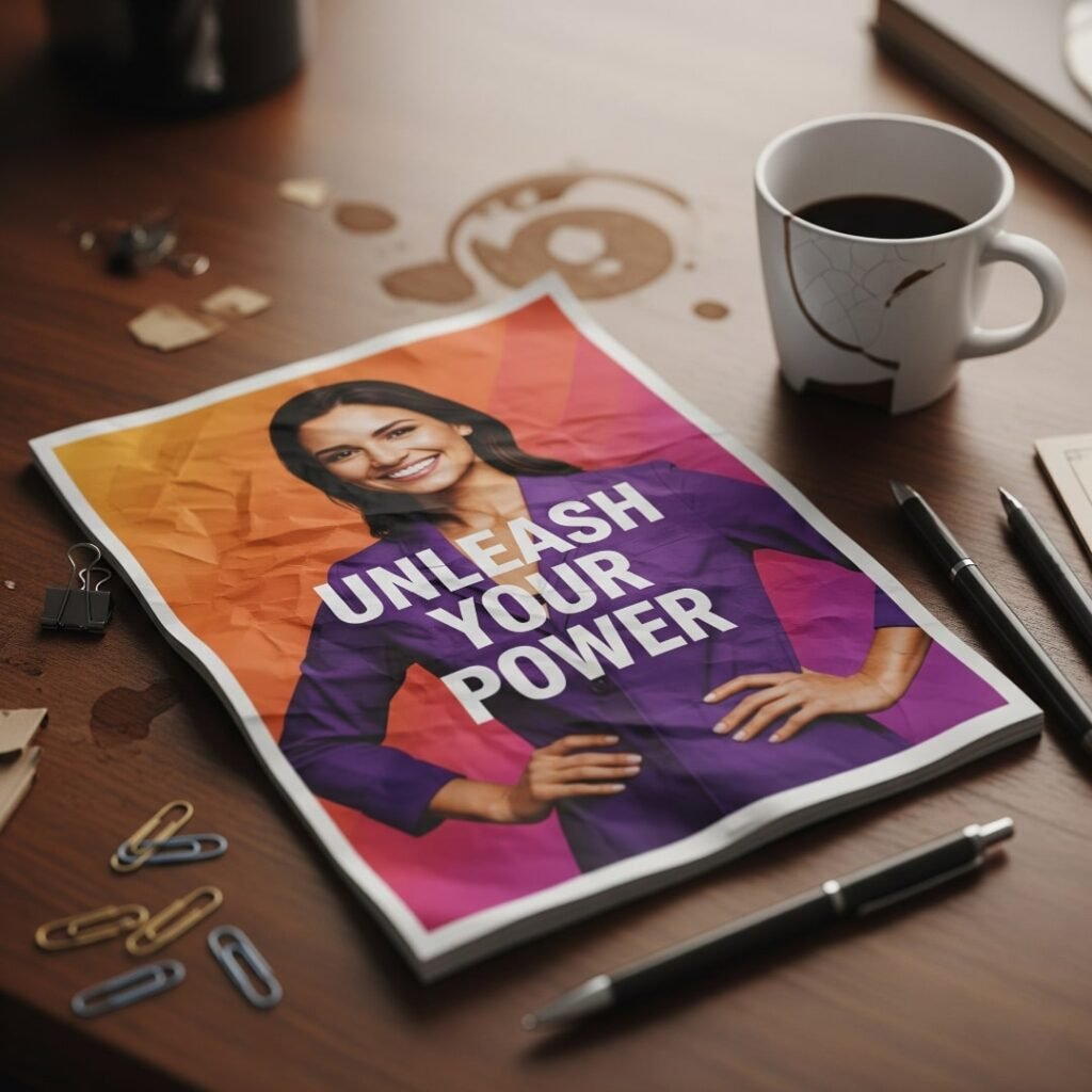 Crumpled magazine ad "Unleash Your Power" on a messy desk with coffee.