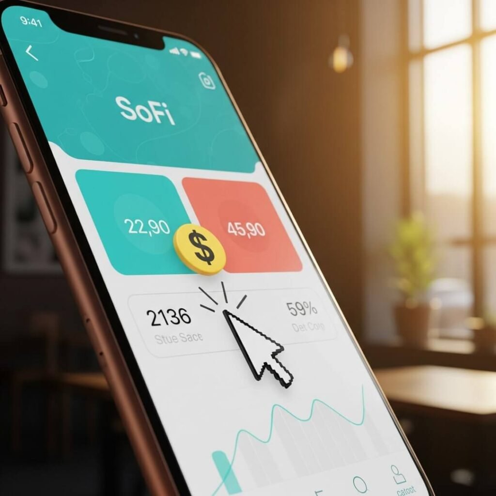 Smartphone screen with SoFi interface in a coffee shop.