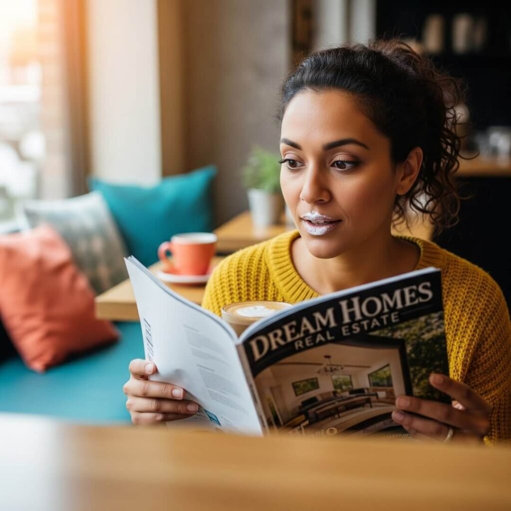 Woman reading a real estate magazine in a coffee shop, latte foam on lip.