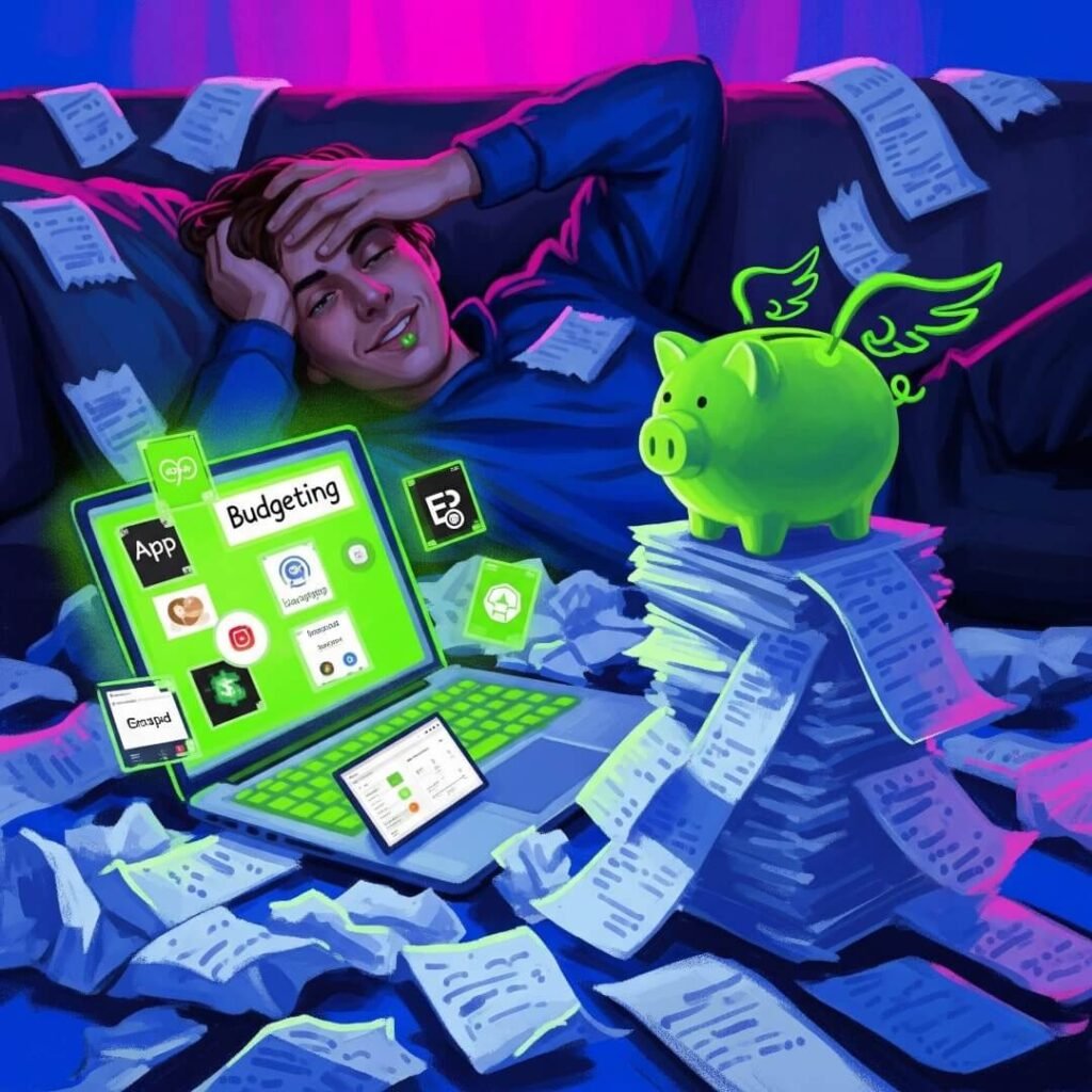 Digital painting: A person on a couch with receipts, a laptop, and a winged piggy bank.