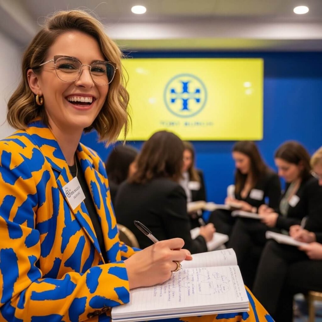 A woman in a mustard yellow and blue blazer writing notes at a mentorship event.