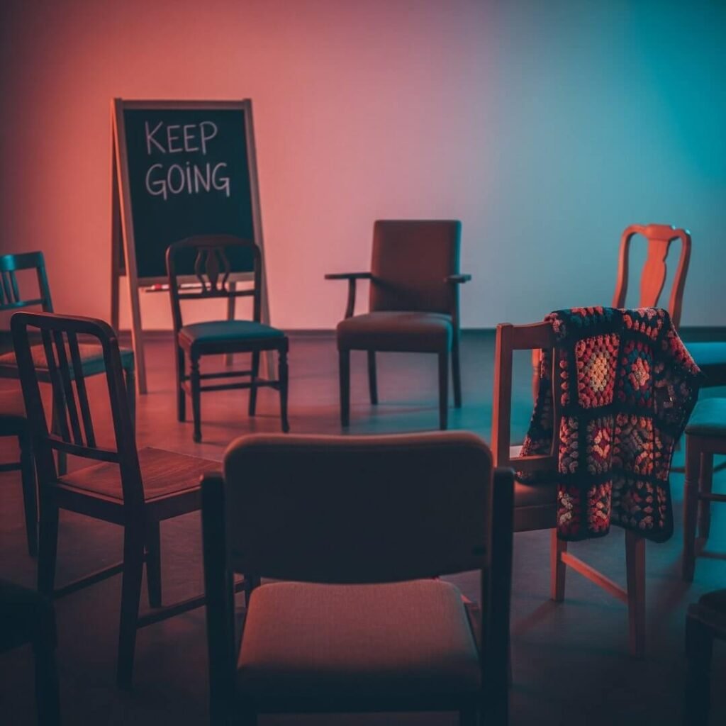 Vintage shot of a support group circle with "Keep Going" on a chalkboard.