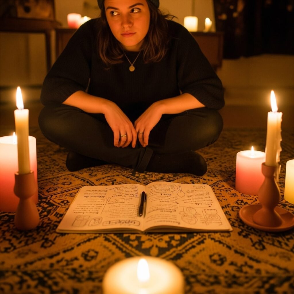 A person sits on a rug with a journal and candles, looking skeptical.