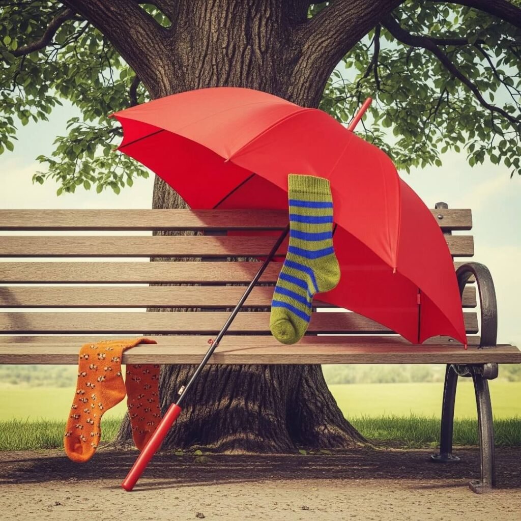 A red umbrella and mismatched socks on a park bench under a tree.