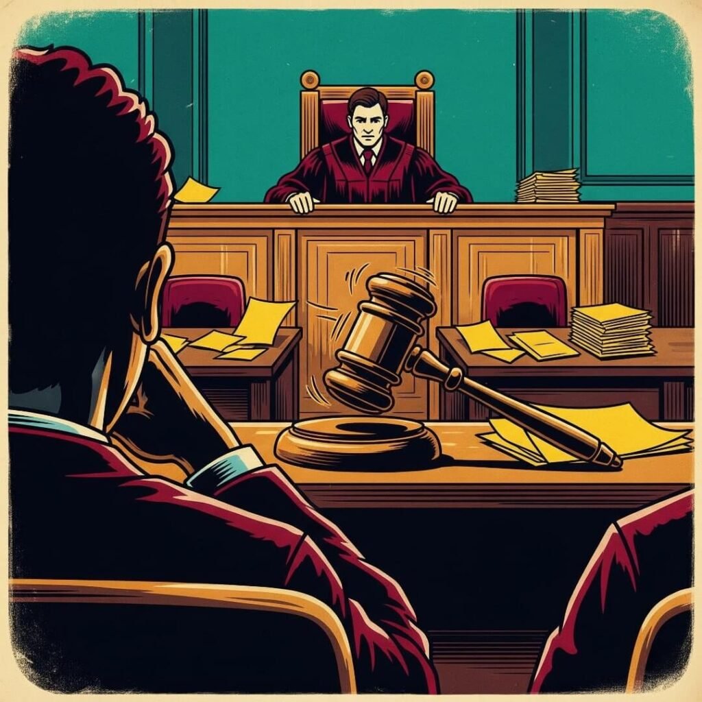 A courtroom sketch showing a judge's gavel striking the bench, with a witness's point-of-view from the back row.
