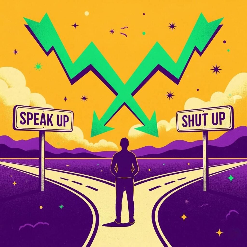 A retro-style illustration of a person at a fork in the road with signs "Speak Up" and "Shut Up." Two neon-green arrows point to the two paths.