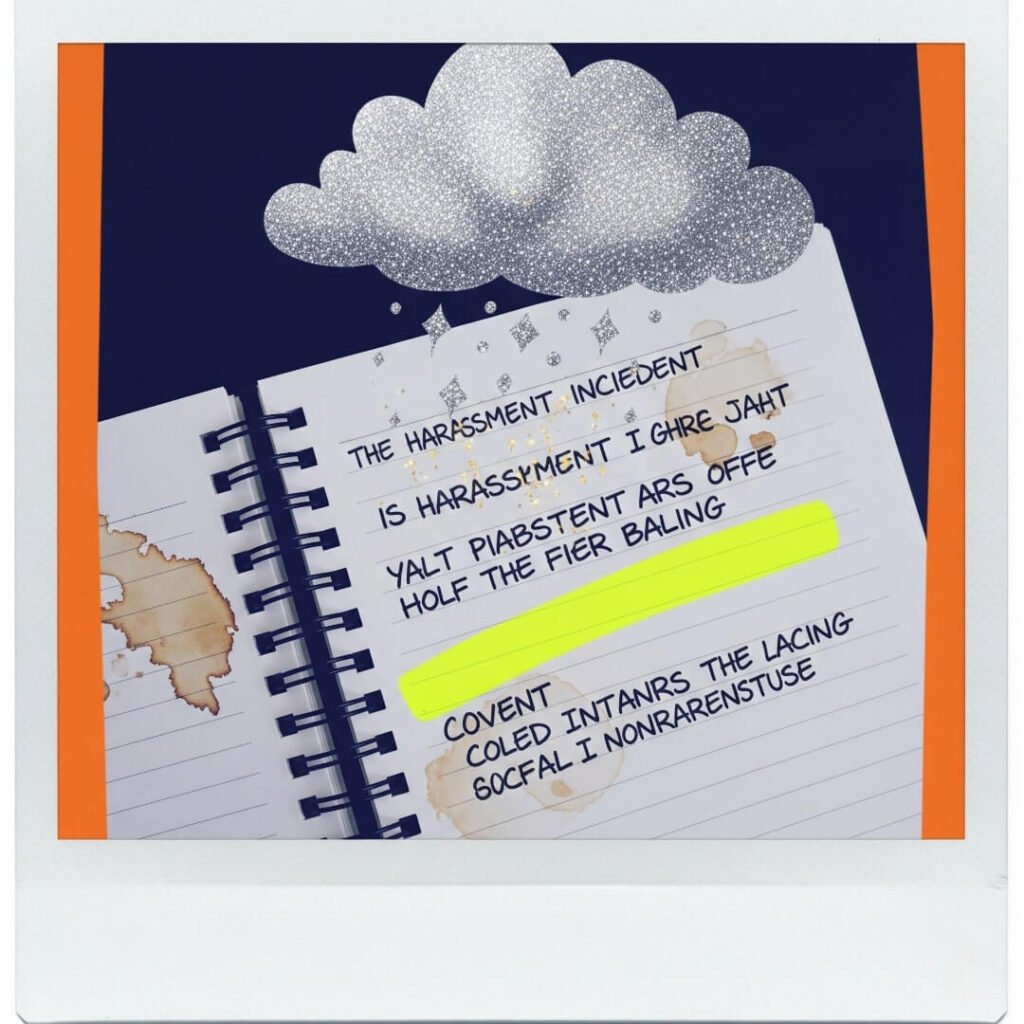 A wonky Polaroid of a coffee-stained notebook with notes and a glittery storm cloud.