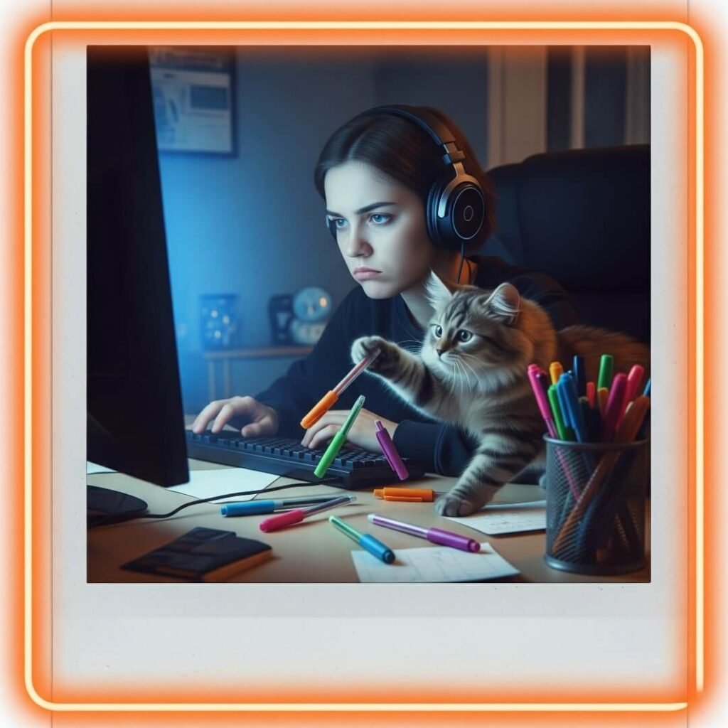 Vintage Polaroid of a person with headphones and a cat knocking over pens.