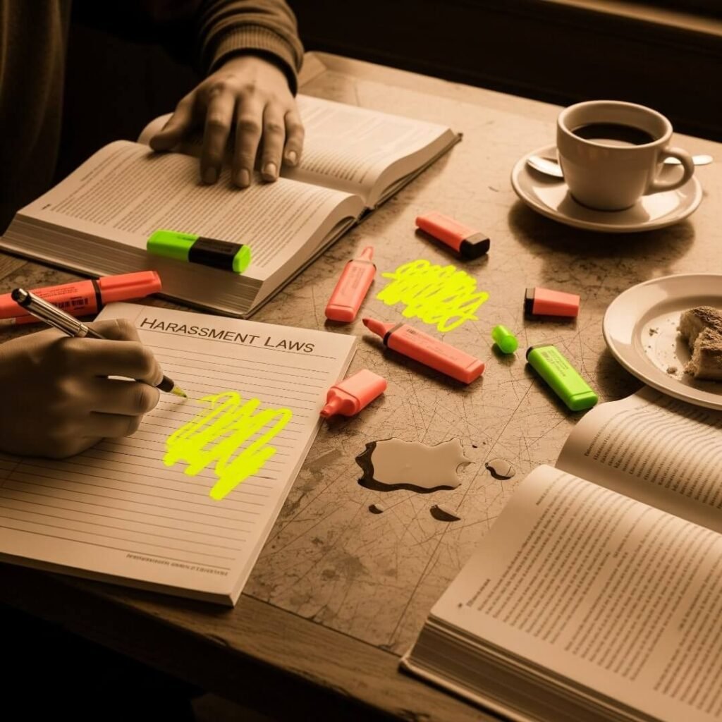 A close-up of a person writing notes on "Harassment Laws" at a coffee shop table.