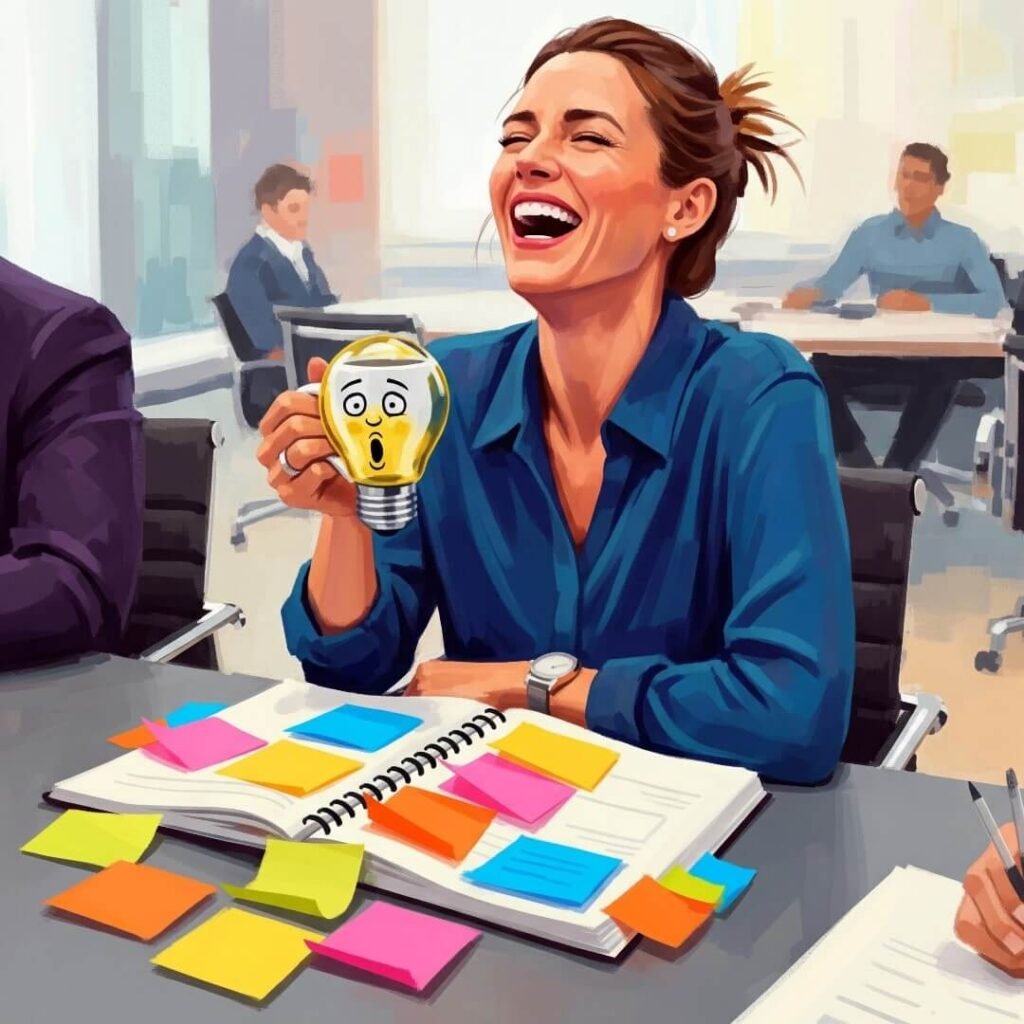 An impressionistic digital painting of a woman mid-laugh in a meeting, clutching a lightbulb-shaped mug.