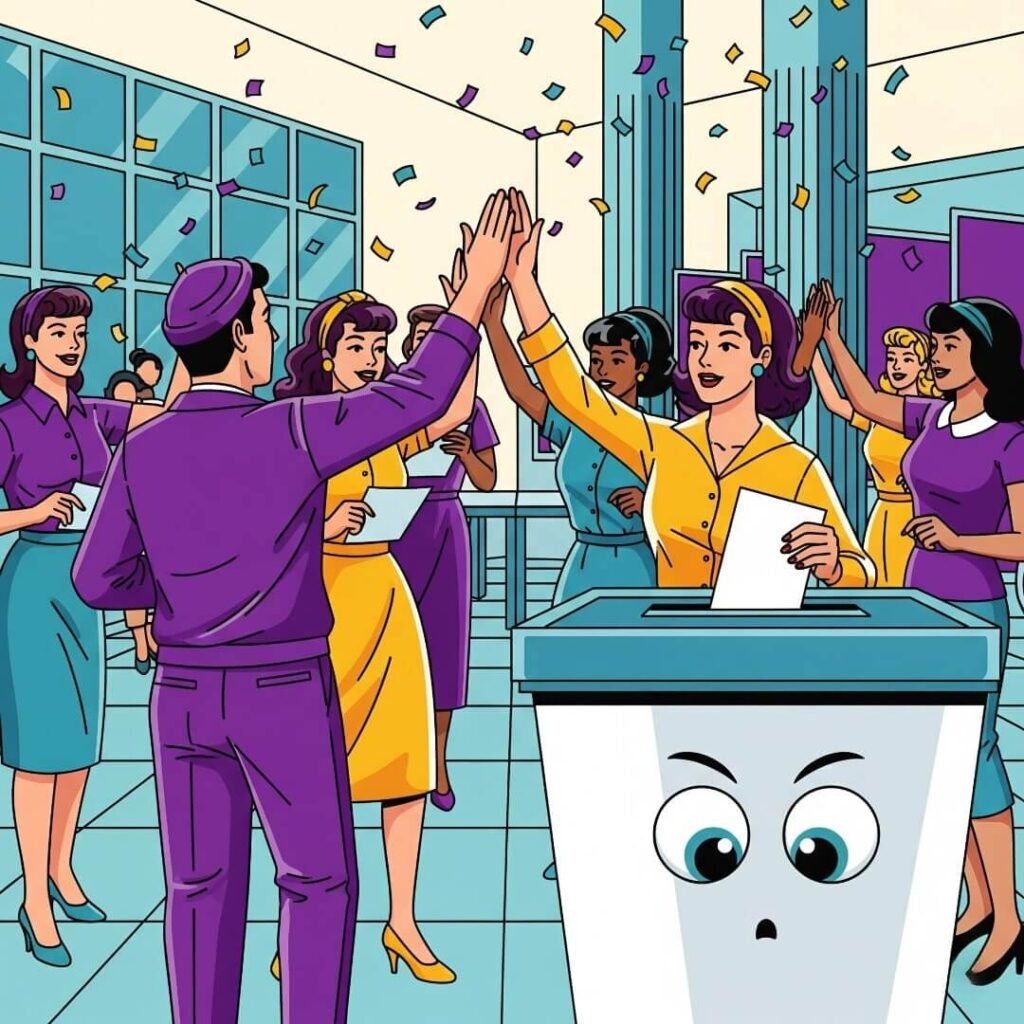 A cartoon image of women high-fiving in a polling station.