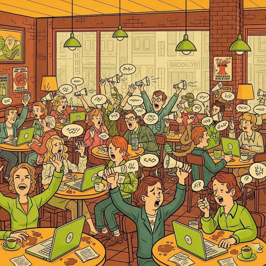A chaotic, vintage illustration of people yelling about elections in a coffee shop.