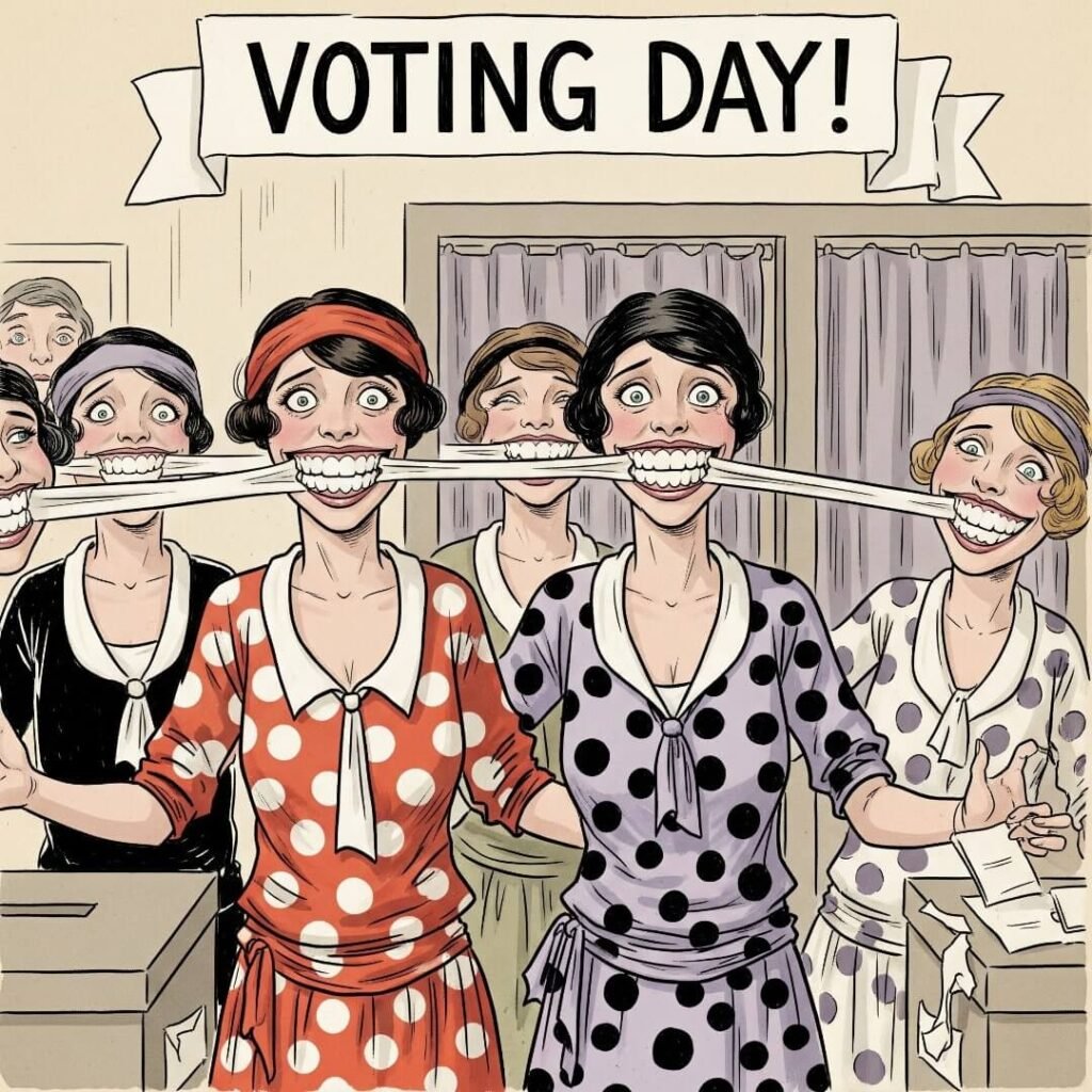 A vintage-style drawing of women with exaggerated smiles voting in 1920.